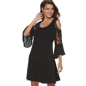 Nina Leonard crochet cold-shoulder dress.